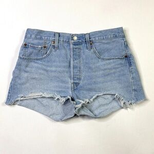 Levis 501 Premium Denim Shorts Womens 31 Button Fly Cut Off Distressed Blue Jean